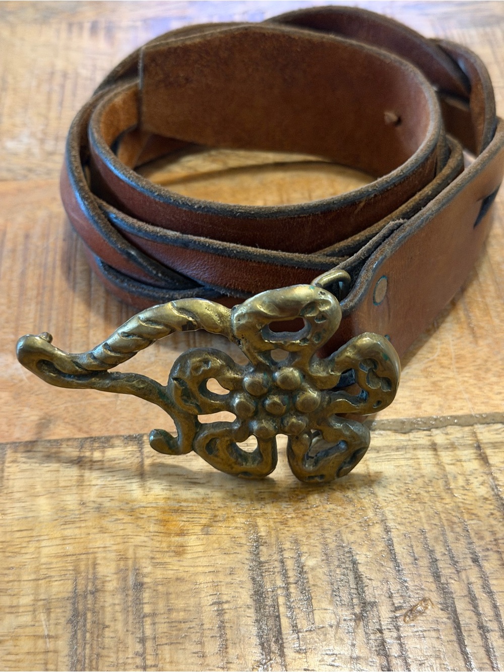 Vtg 1970's Braided Brown Leather Belt Solid Brass Flower Buckle Retro Bobo Small